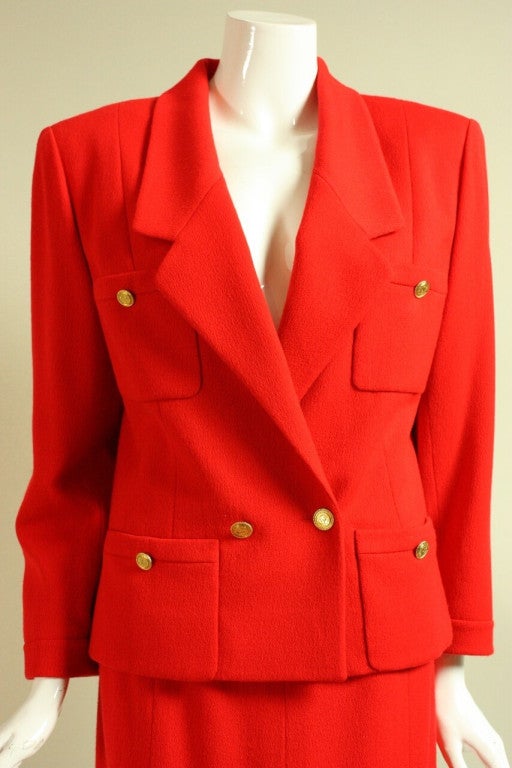 Chanel Red Double-Breasted Skirt Suit For Sale 1