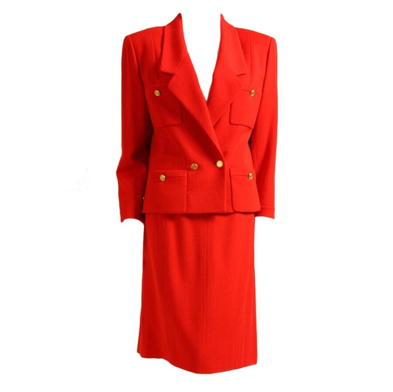 Chanel Red Double-Breasted Skirt Suit For Sale