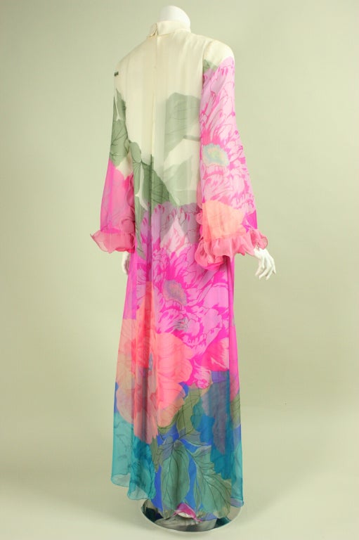 1970's Hanae Mori Gown with Large-Scale Floral Print For Sale at 1stDibs