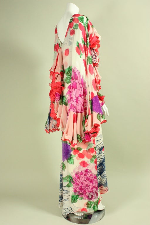 1970's Hanae Mori Ruffled Chiffon Gown In Excellent Condition For Sale In Los Angeles, CA