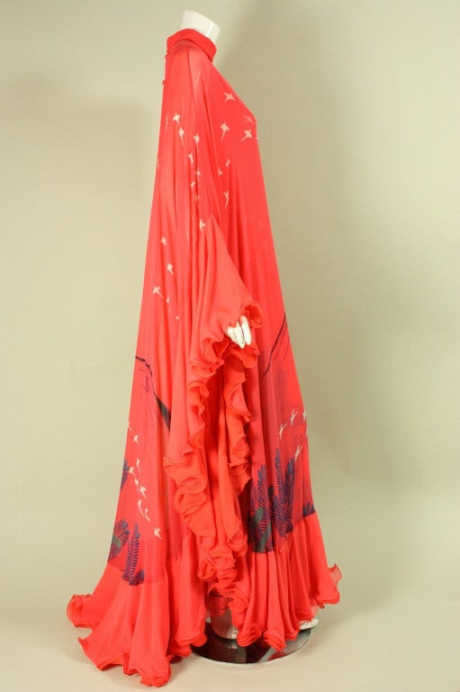 1970's Hanae Mori Couture Coral Chiffon Gown with Bird Print In Excellent Condition For Sale In Los Angeles, CA