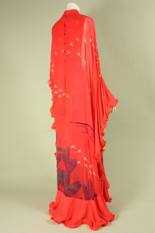 Women's 1970's Hanae Mori Couture Coral Chiffon Gown with Bird Print For Sale