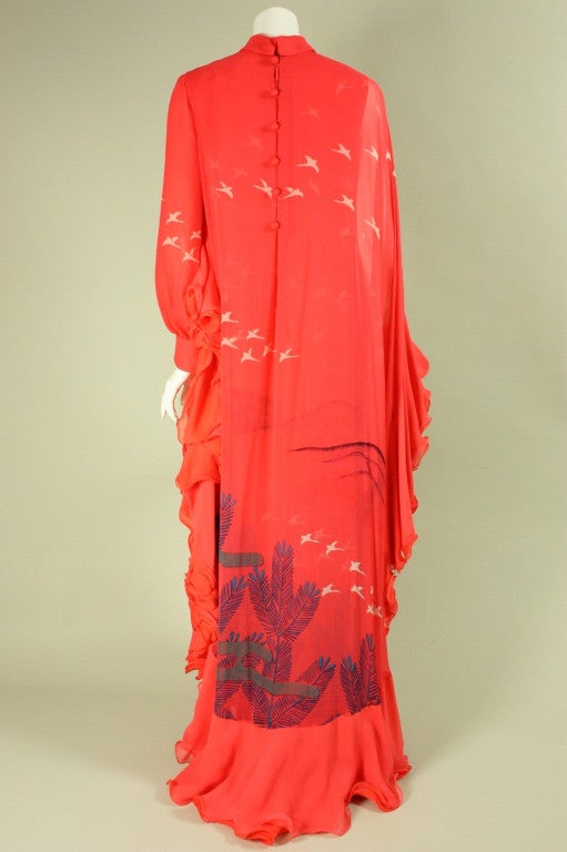 1970's Hanae Mori Couture Coral Chiffon Gown with Bird Print For Sale 1