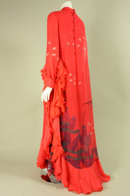 1970's Hanae Mori Couture Coral Chiffon Gown with Bird Print For Sale 2