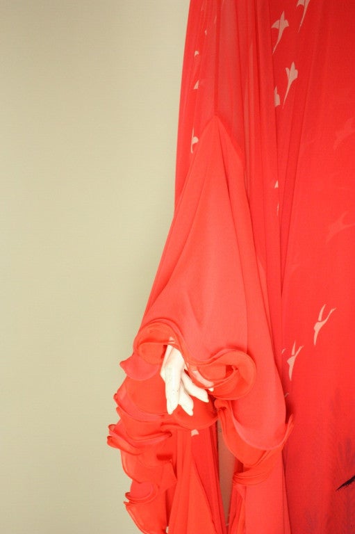 1970's Hanae Mori Couture Coral Chiffon Gown with Bird Print For Sale 4