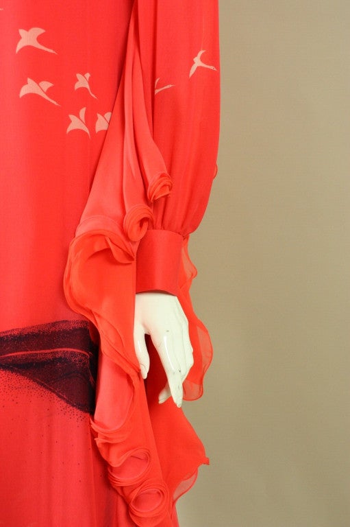 1970's Hanae Mori Couture Coral Chiffon Gown with Bird Print For Sale 5