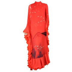 1970's Hanae Mori Couture Coral Chiffon Gown with Bird Print