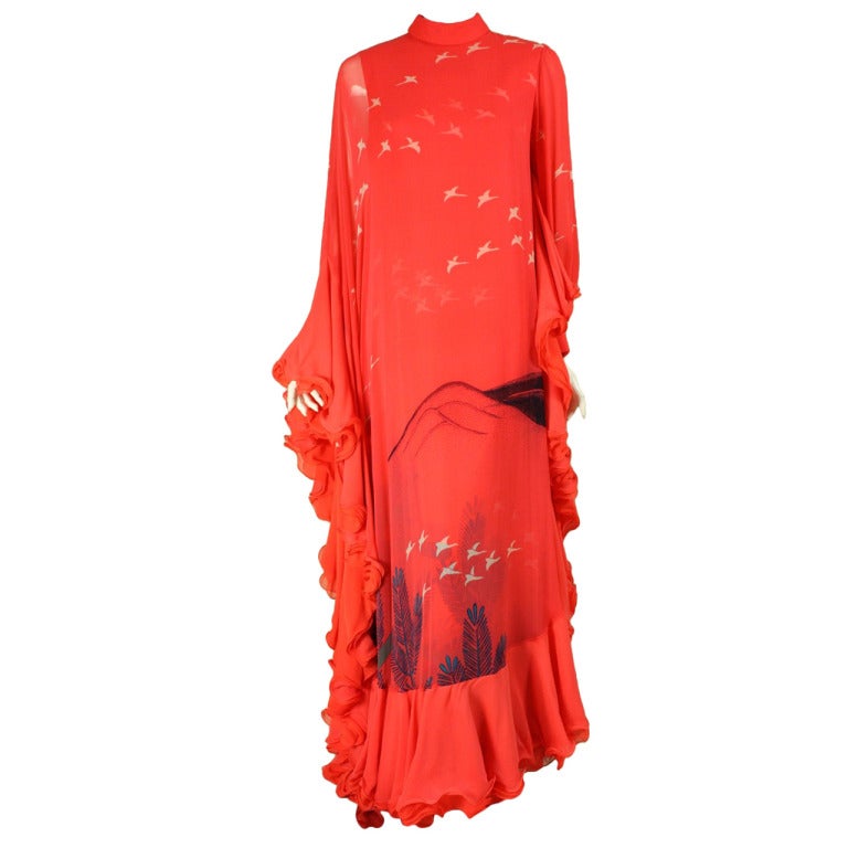 1970's Hanae Mori Couture Coral Chiffon Gown with Bird Print For Sale