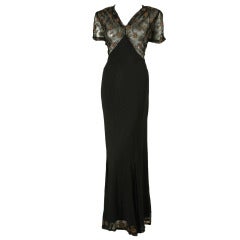 1940's Black Crepe Gown with Metallic Embroidery