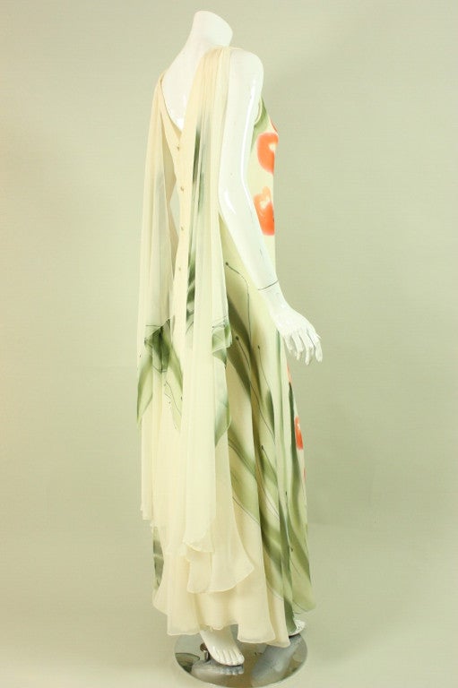 1970's Stavropoulos Hand-Painted Chiffon Gown In Excellent Condition In Los Angeles, CA