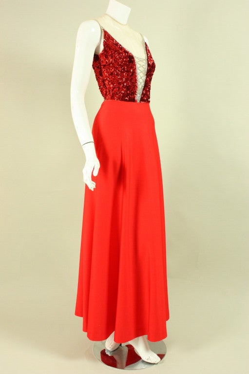 1970's Mr. Blackwell Red Sequined Illusion Gown