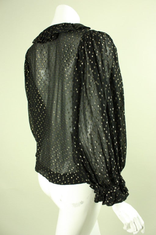 1970's Yves Saint Laurent Black Chiffon Metallic Dotted Blouse In Excellent Condition In Los Angeles, CA