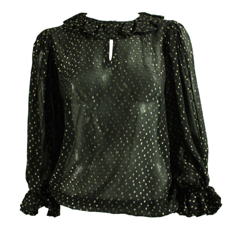 1970's Yves Saint Laurent Black Chiffon Metallic Dotted Blouse