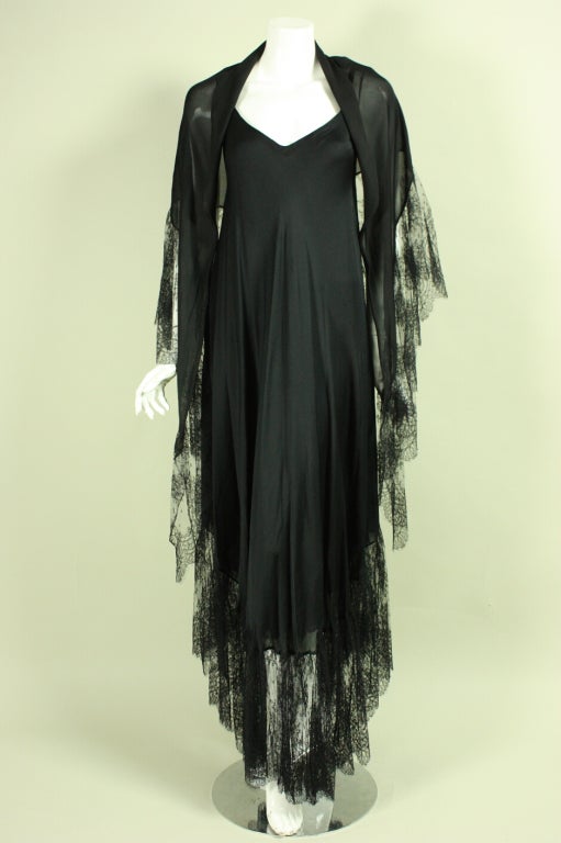 1970's Vicky Tiel Black Silk & Lace Gown 2