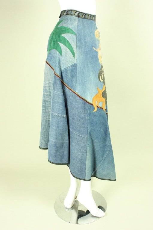 1970's Roberto Cavalli Appliqued Denim Skirt In Excellent Condition In Los Angeles, CA