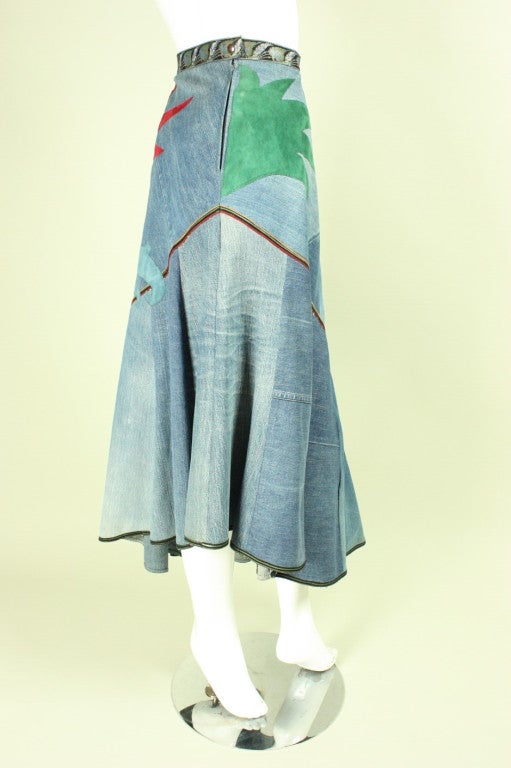 Women's 1970's Roberto Cavalli Appliqued Denim Skirt