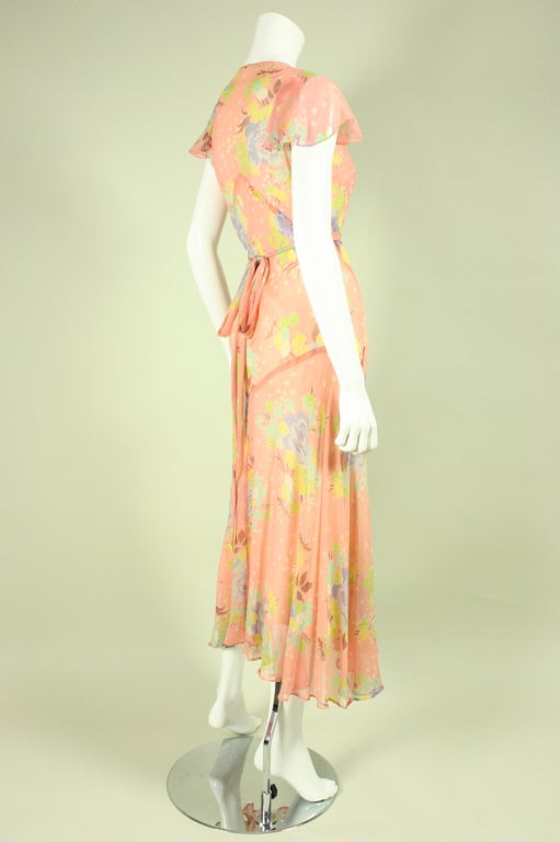 1930's Bias-Cut Silk Chiffon Printed Dress In Excellent Condition In Los Angeles, CA