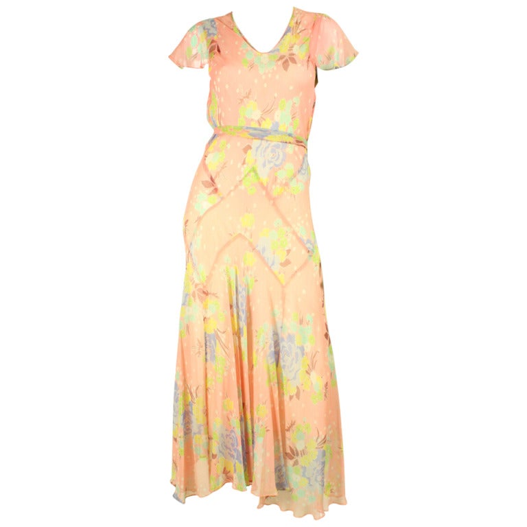 1930's Bias-Cut Silk Chiffon Printed Dress