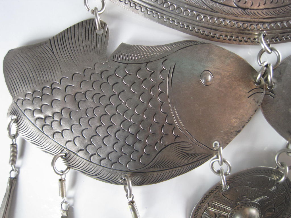 Women's 1960's Hammered Metal Bib with Fish Ornamentation