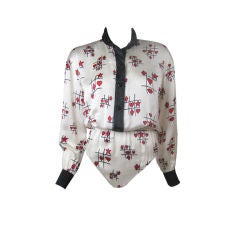 Vintage Escada Silk Bodysuit with Tic-Tac-Toe Print