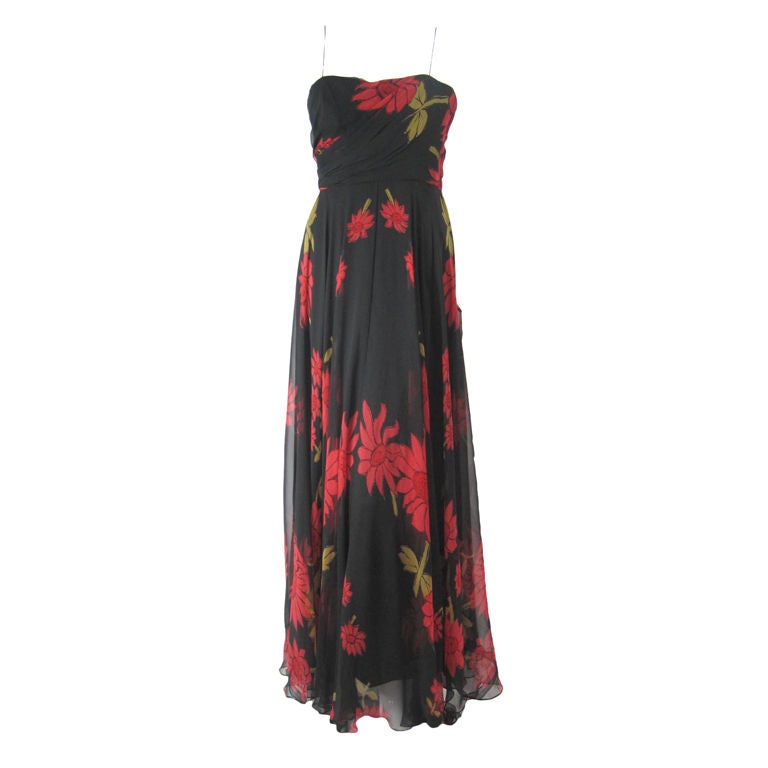 Black Strapless Silk Chiffon Gown with Red Floral Print, 1950s  For Sale