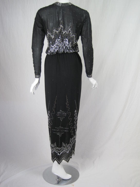 1980's Fabrice Black Chiffon Gown with Silver Beading In Excellent Condition In Los Angeles, CA