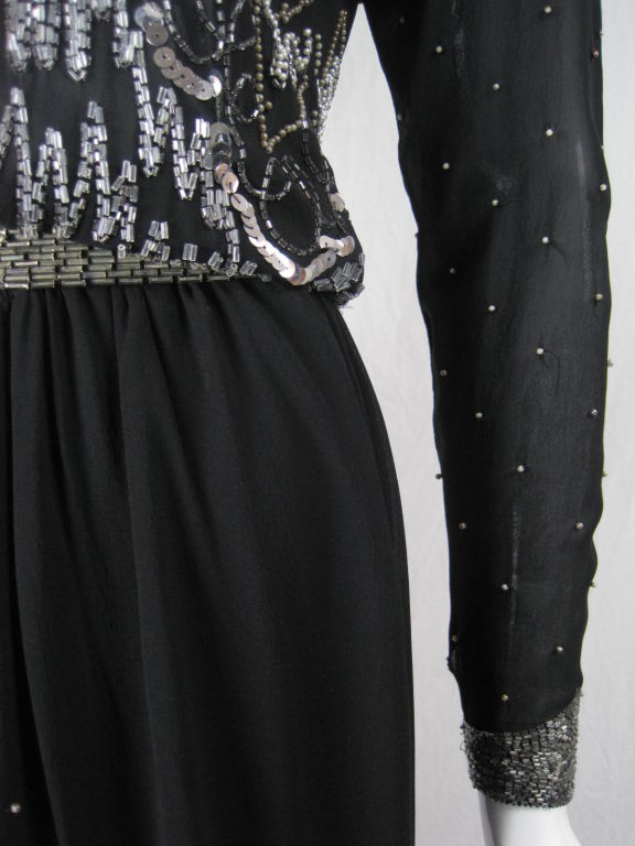 1980's Fabrice Black Chiffon Gown with Silver Beading 2