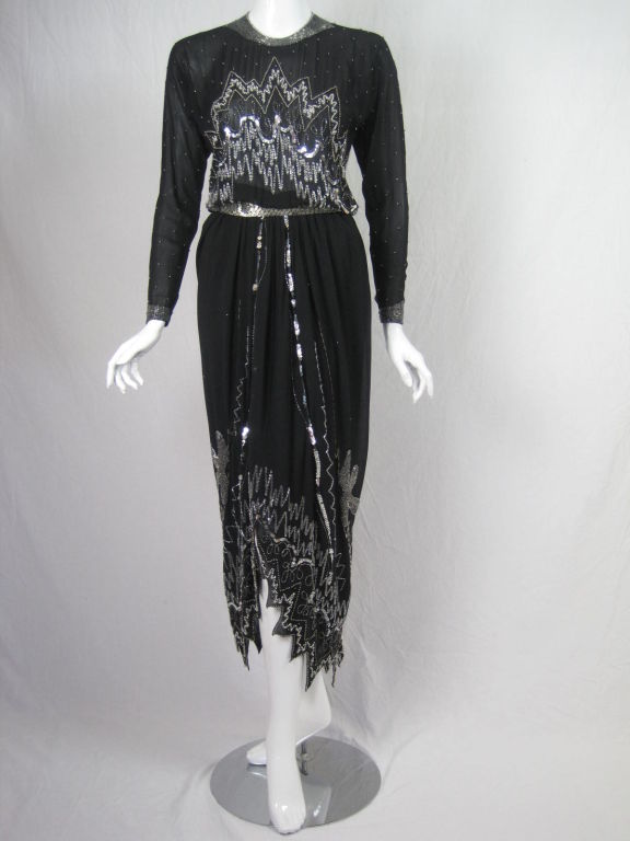 1980's Fabrice Black Chiffon Gown with Silver Beading 6
