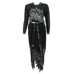 1980's Fabrice Black Chiffon Gown with Silver Beading