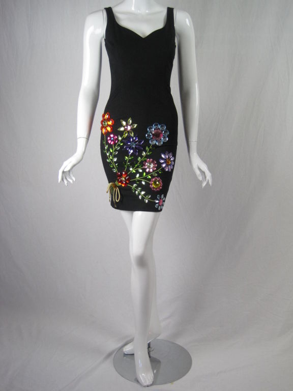 Marked down from $425.

Moschino sleeveless cocktail dress.  Oversized rhinestone 