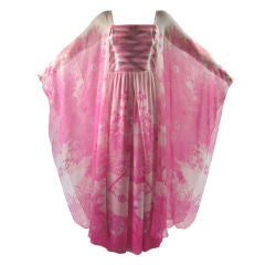 Vintage Hanae Mori Beaded Chiffon Gown with Butterfly Sleeves