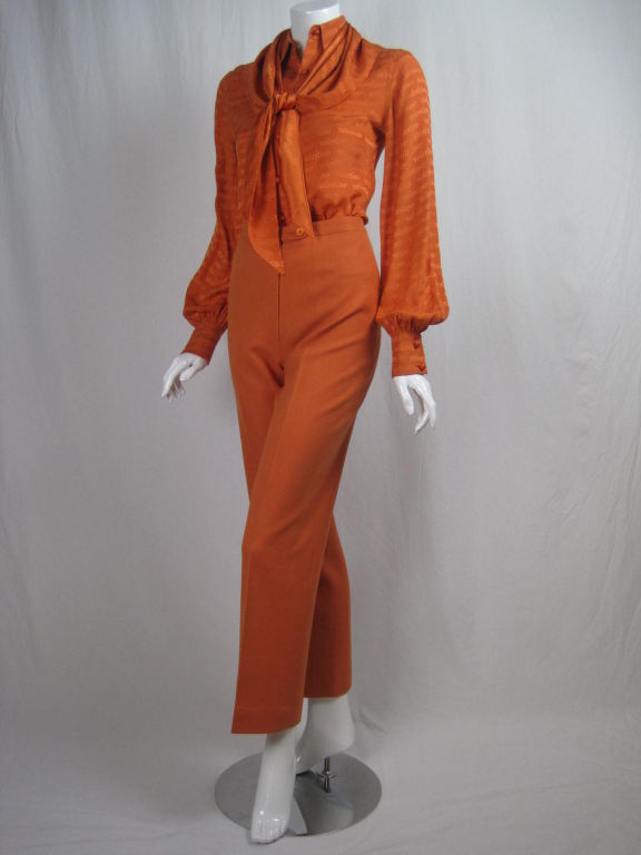 Valentino three-piece ensemble in a cheerful sherbert orange.  100% silk blouse and scarf have 