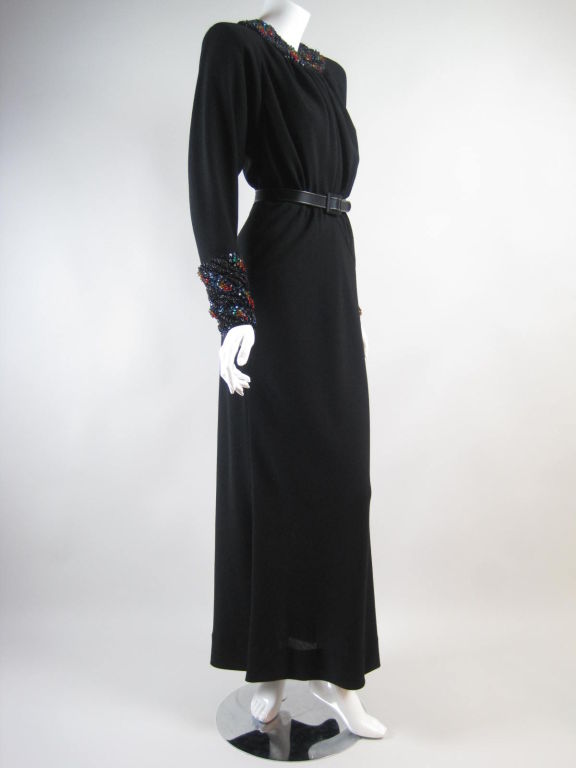 Women's Galanos Black Gown with Beaded Collar & Cuffs