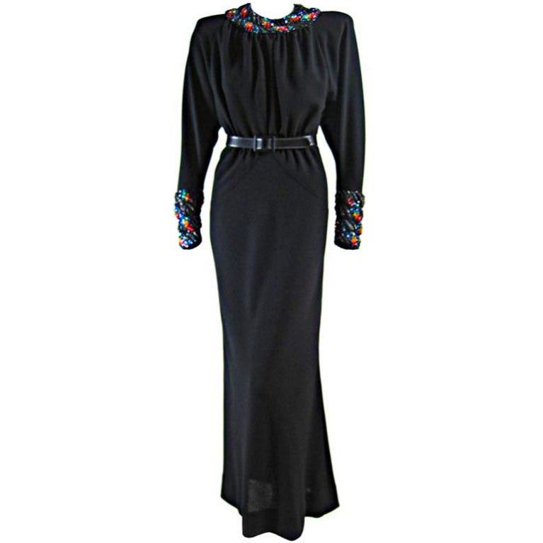 Galanos Black Gown with Beaded Collar & Cuffs