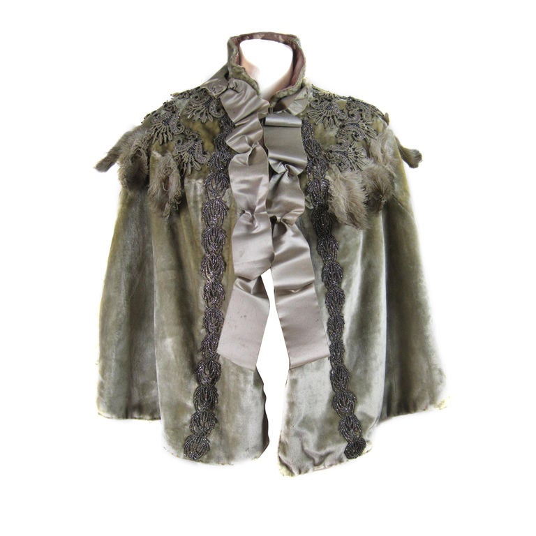 Victorian Silk Velvet Cape with Ostrich Feathers and Beaded Trim
