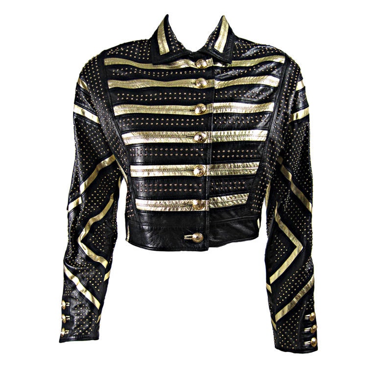 Versace Black and Gold Studded Leather Jacket at 1stdibs