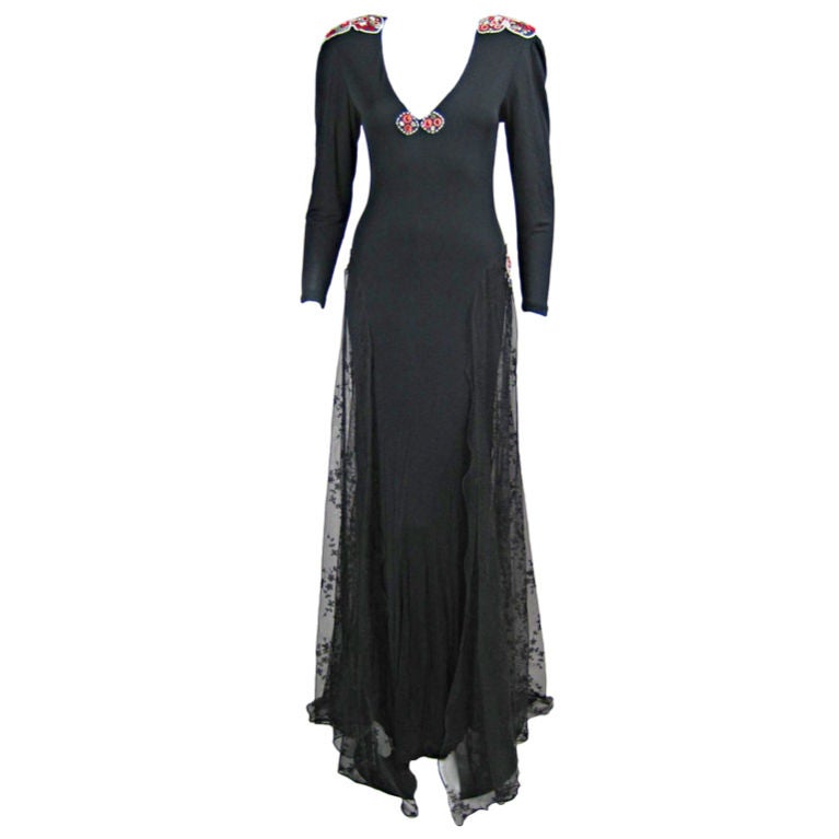 Holly's Harp Matte Jersey Gown with Lace Overskirt, 1970s  For Sale
