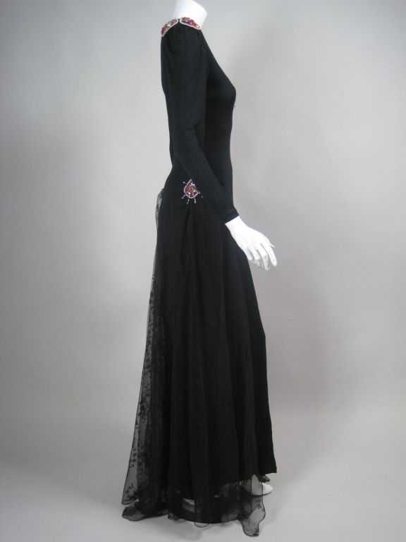 Black Holly's Harp Matte Jersey Gown with Lace Overskirt, 1970s  For Sale