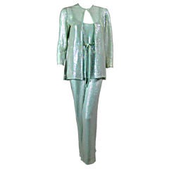 1970's Halston Mint Green Fully Sequined Ensemble