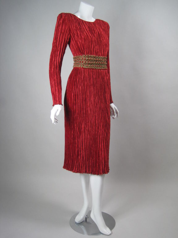 Mary McFadden Red Pleated Dress with Gold Waistband at 1stdibs