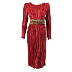 Mary McFadden Red Pleated Dress with Gold Waistband