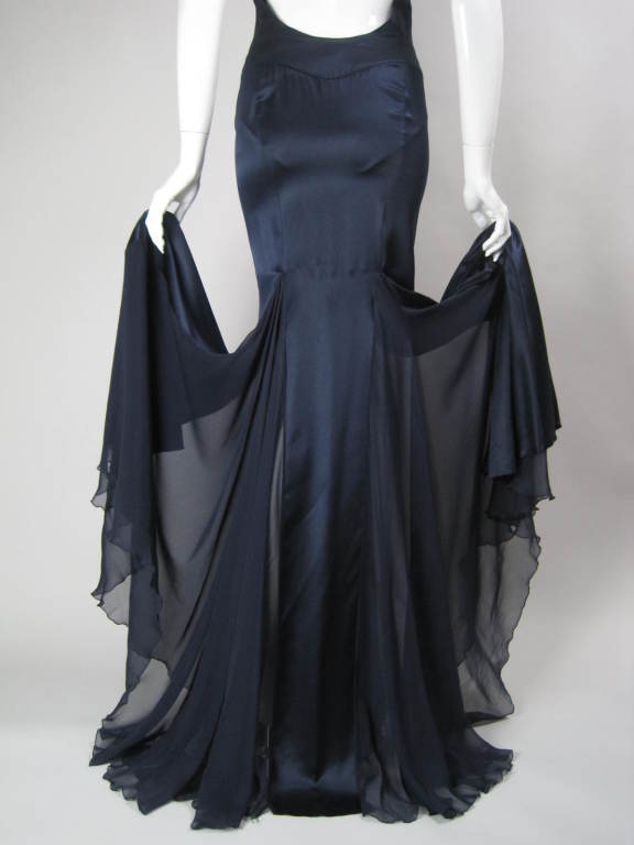 Versace Midnight Blue Silk Gown with Godet Inserts in Skirt For Sale 1