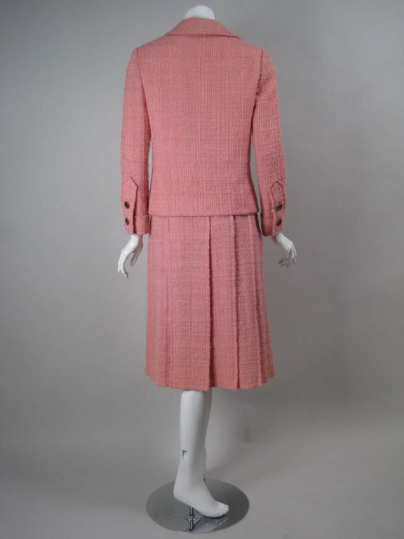 1960's Chanel Couture Numbered Pink Wool Boucle Skirt Suit In Excellent Condition In Los Angeles, CA