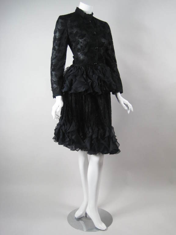 Black 1980's Valentino Lace Ensemble with Ruffled Peplum For Sale