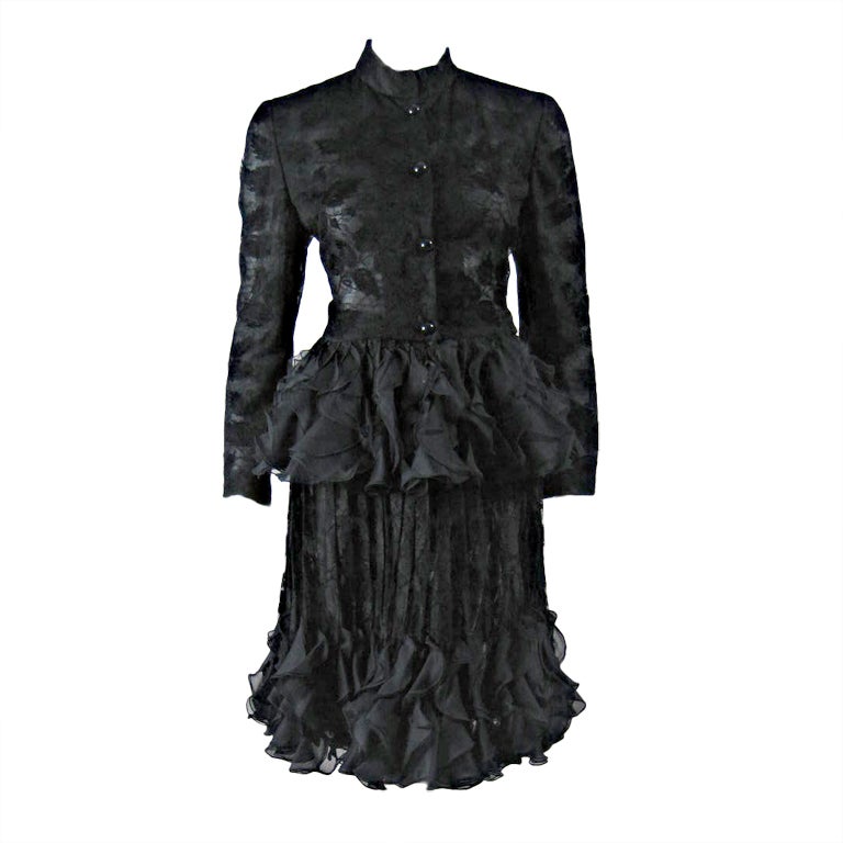 1980's Valentino Lace Ensemble with Ruffled Peplum For Sale