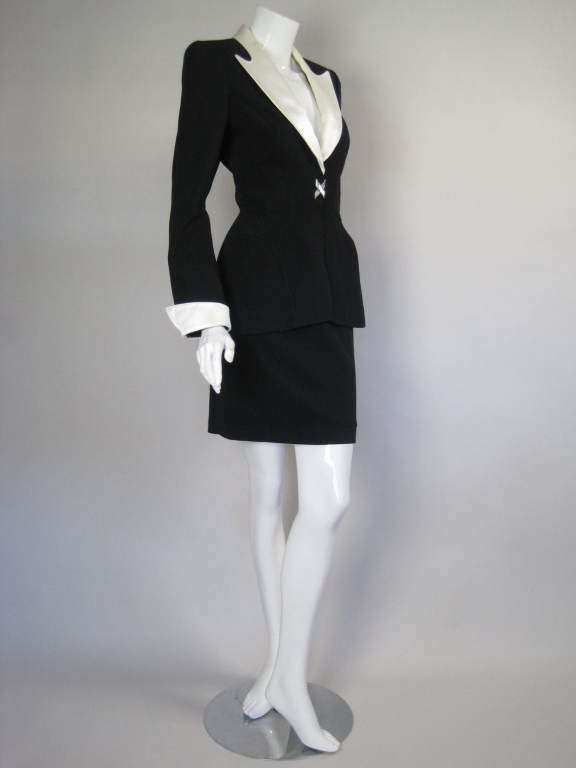 Thierry Mugler Black Faille Suit with Satin Details In Excellent Condition In Los Angeles, CA