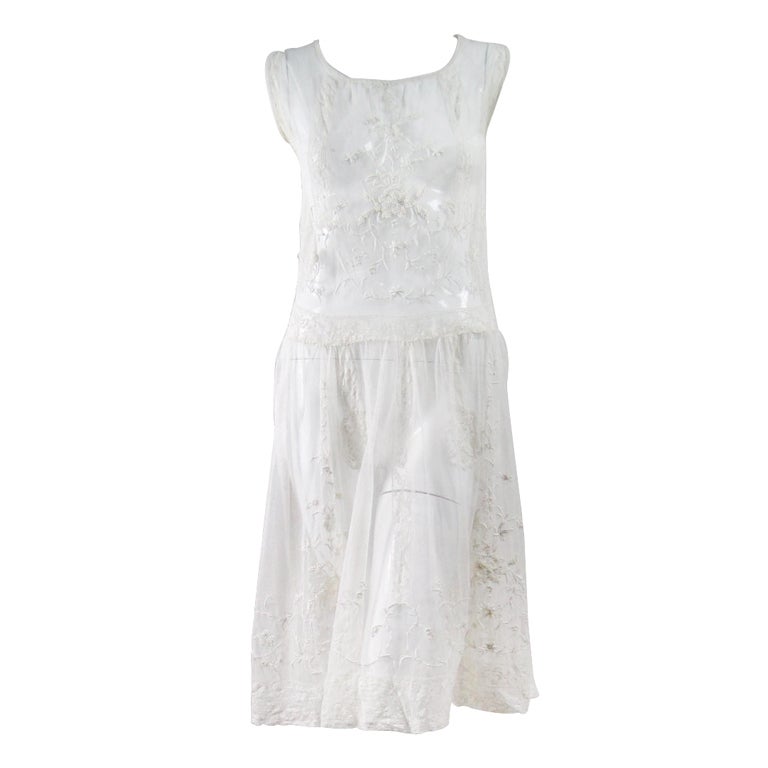 1920's White Net Dress with Hand-Embroidery at 1stdibs