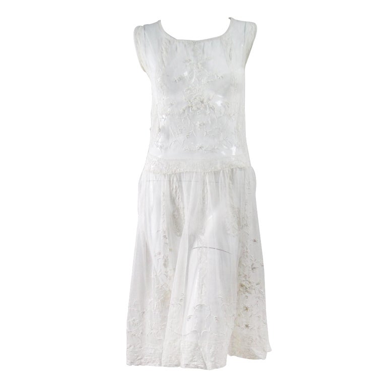 1920's White Net Dress with HandEmbroidery at 1stDibs