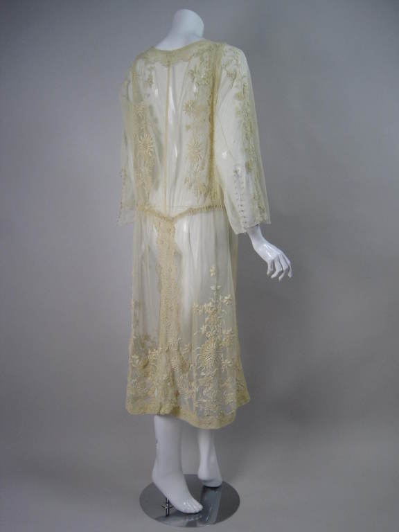 1920's Ecru Net Hand-Embroidered Irish Crochet Dress 1