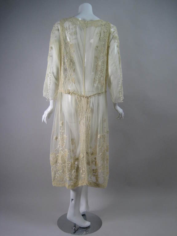 1920's Ecru Net Hand-Embroidered Irish Crochet Dress 2